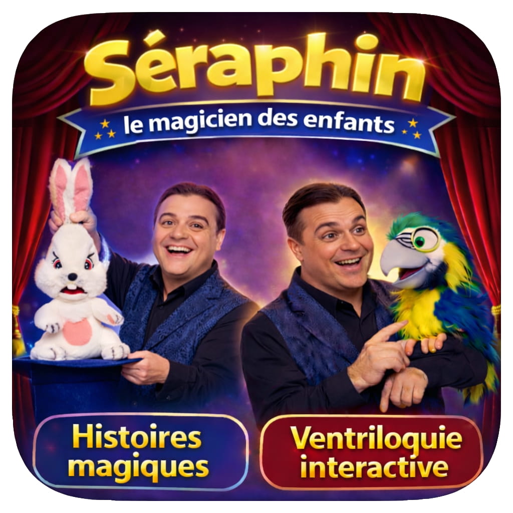 séraphin le magicien ventriloque pour enfants, bibi schott, magie, magie pour enfants, ventriloque pour enfants, arbre de Noël ,